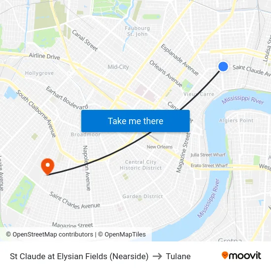 St Claude at Elysian Fields (Nearside) to Tulane map
