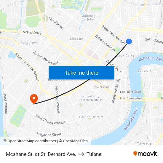Mcshane St. at St. Bernard Ave. to Tulane map