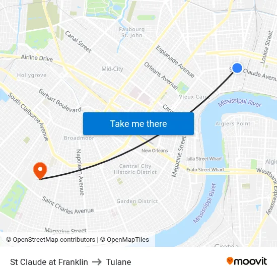 St Claude at Franklin to Tulane map