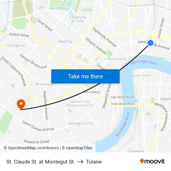 St. Claude St. at Montegut St. to Tulane map