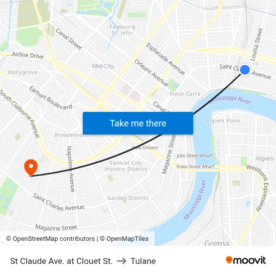 St Claude Ave. at Clouet St. to Tulane map