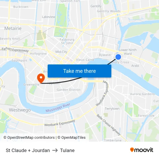 St Claude + Jourdan to Tulane map