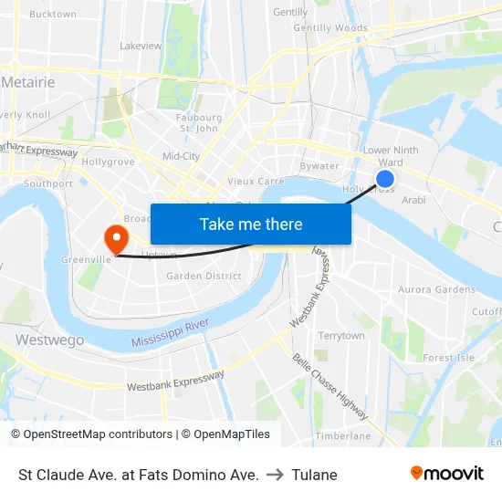 St Claude Ave. at Fats Domino Ave. to Tulane map