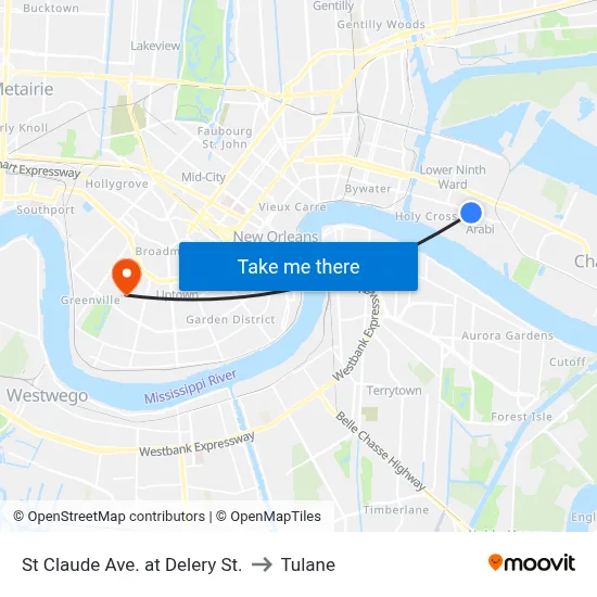 St Claude Ave. at Delery St. to Tulane map