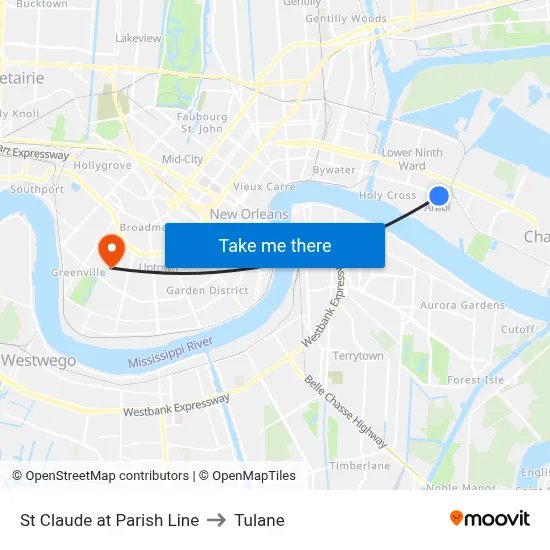 St Claude at Parish Line to Tulane map