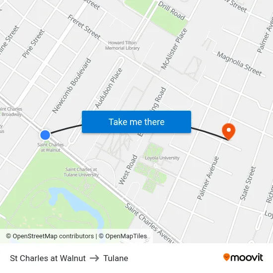 St Charles at Walnut to Tulane map