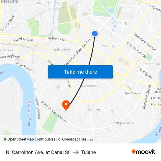 N. Carrollton Ave. at Canal St. to Tulane map