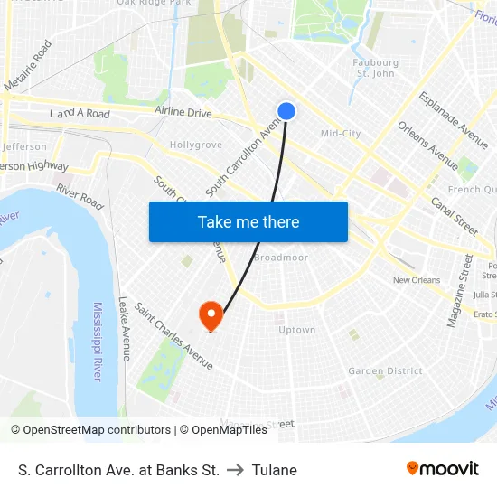 S. Carrollton Ave. at Banks St. to Tulane map