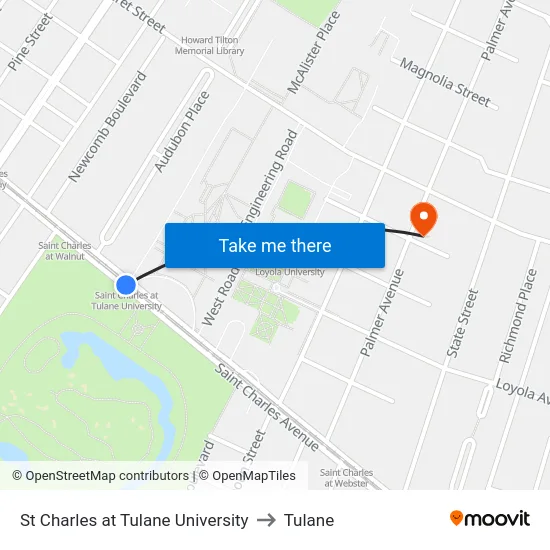 St Charles at Tulane University to Tulane map
