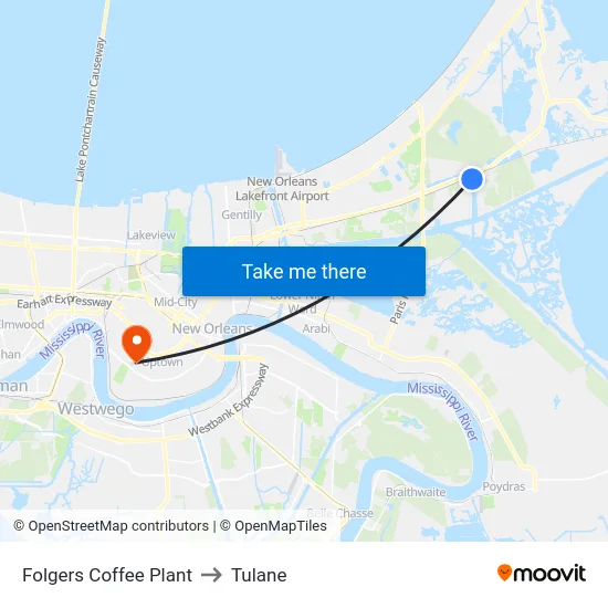 Folgers Coffee Plant to Tulane map