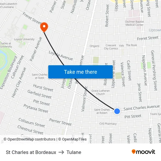 St Charles at Bordeaux to Tulane map