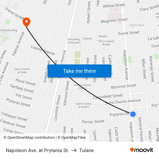 Napoleon Ave. at Prytania St. to Tulane map
