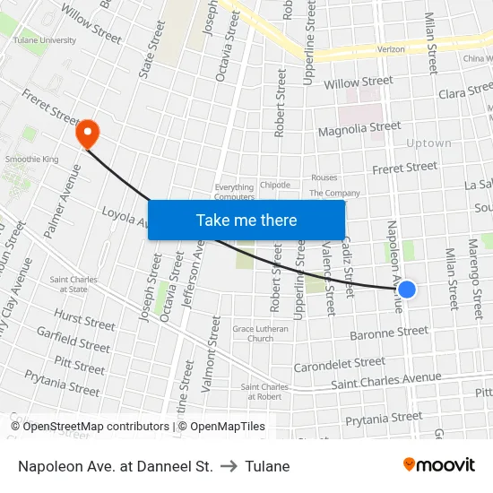 Napoleon Ave. at Danneel St. to Tulane map