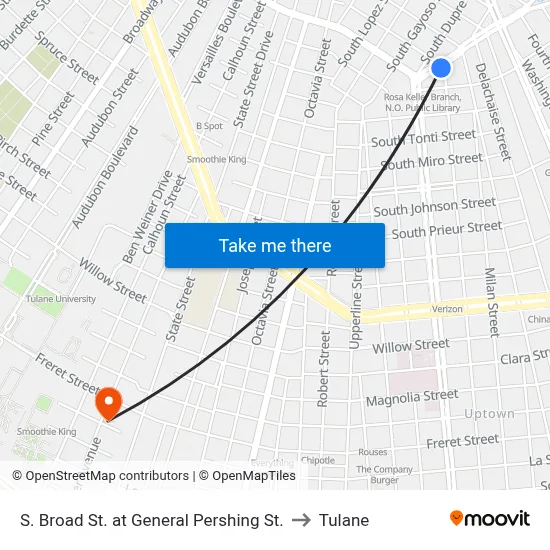 S. Broad St. at General Pershing St. to Tulane map