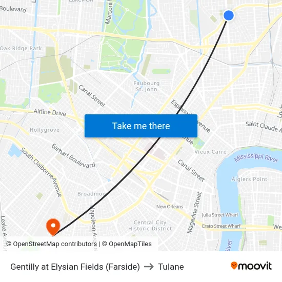 Gentilly at Elysian Fields (Farside) to Tulane map