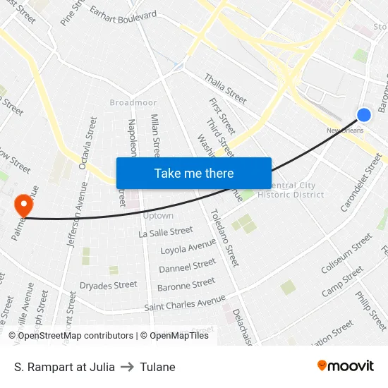 S. Rampart at Julia to Tulane map