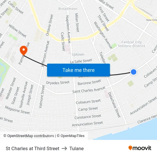 St Charles at Third Street to Tulane map