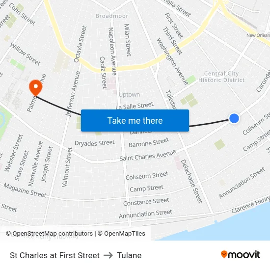 St Charles at First Street to Tulane map