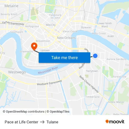 Pace at Life Center to Tulane map