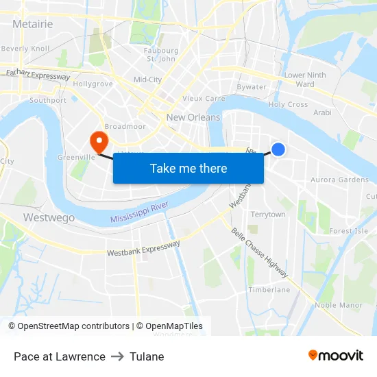Pace at Lawrence to Tulane map