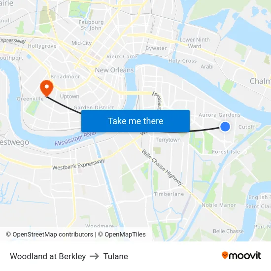 Woodland at Berkley to Tulane map