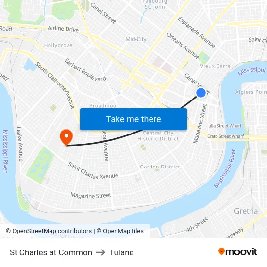 St Charles at Common to Tulane map