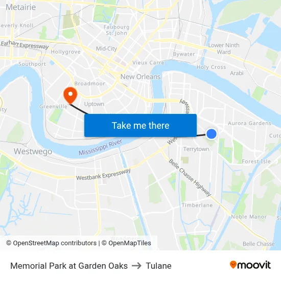 Memorial Park at Garden Oaks to Tulane map