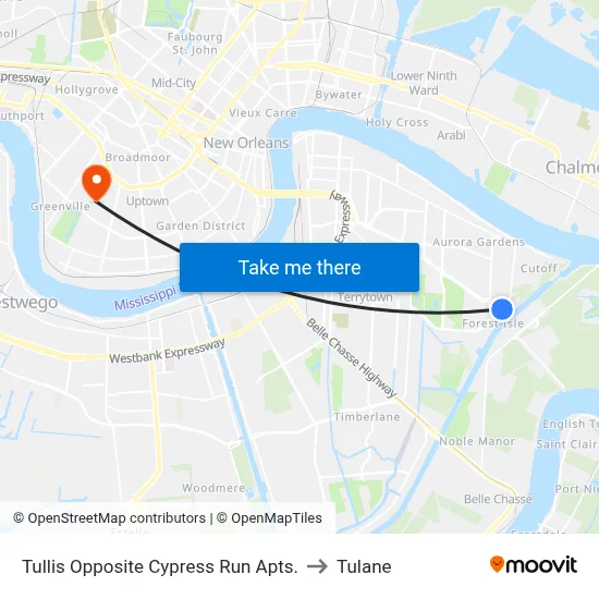 Tullis Opposite Cypress Run Apts. to Tulane map