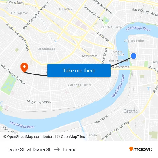 Teche St. at Diana St. to Tulane map