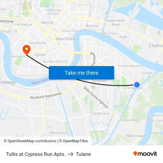 Tullis at Cypress Run Apts. to Tulane map
