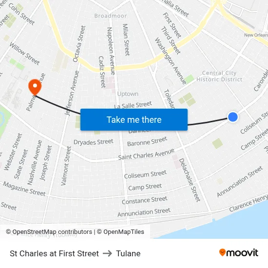St Charles at First Street to Tulane map