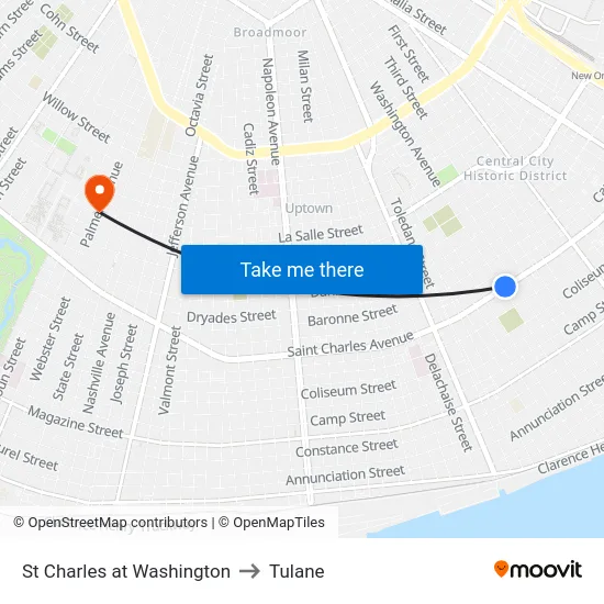 St Charles at Washington to Tulane map