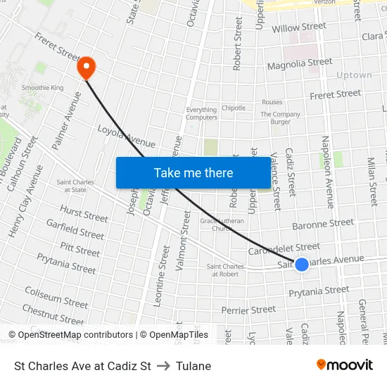 St Charles Ave at Cadiz St to Tulane map