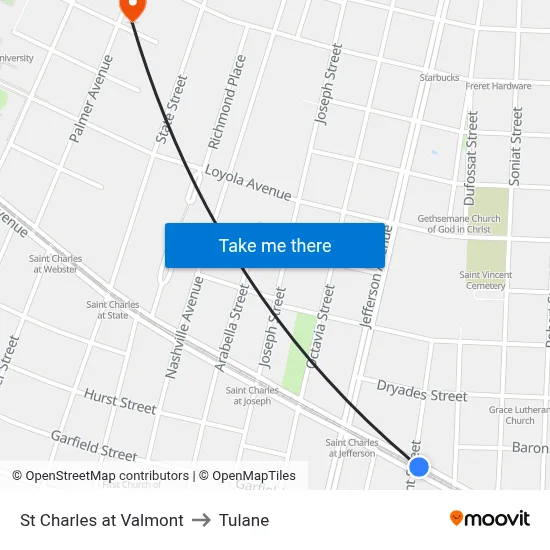 St Charles at Valmont to Tulane map