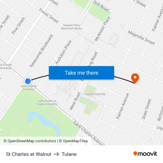 St Charles at Walnut to Tulane map
