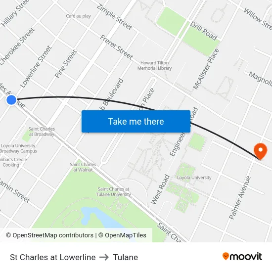 St Charles at Lowerline to Tulane map