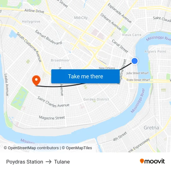 Poydras Station to Tulane map