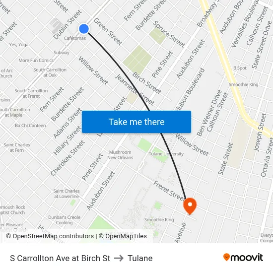 S Carrollton Ave at Birch St to Tulane map