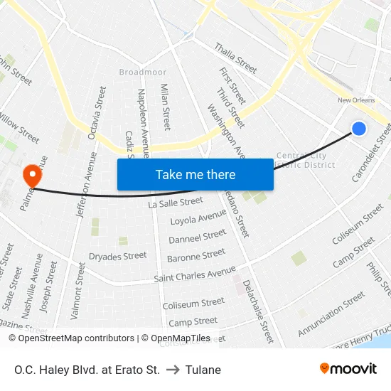 O.C. Haley Blvd. at Erato St. to Tulane map