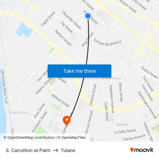 S. Carrollton at Palm to Tulane map