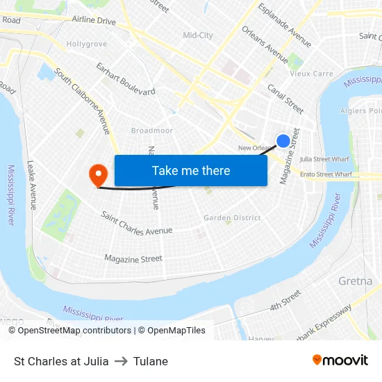 St Charles at Julia to Tulane map