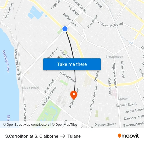 S.Carrollton at S. Claiborne to Tulane map