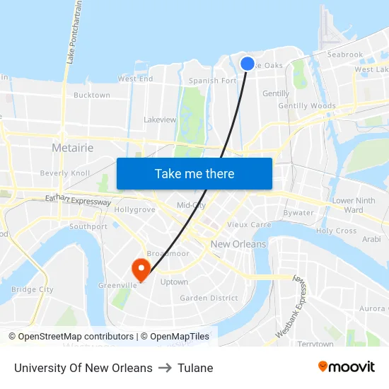 University Of New Orleans to Tulane map