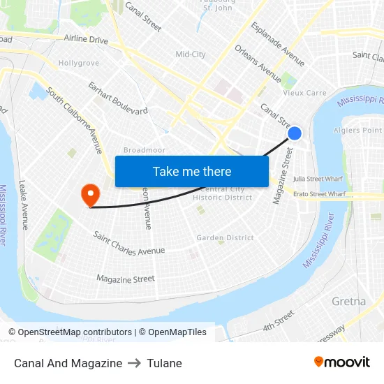 Canal And Magazine to Tulane map