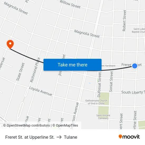 Freret St. at Upperline St. to Tulane map