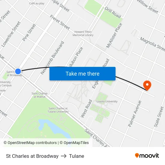 St Charles at Broadway to Tulane map