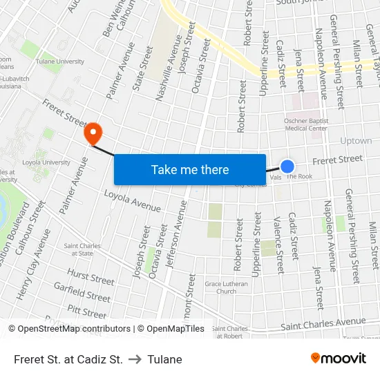Freret St. at Cadiz St. to Tulane map