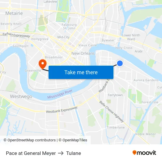 Pace at General Meyer to Tulane map