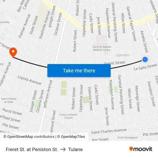 Freret St. at Peniston St. to Tulane map