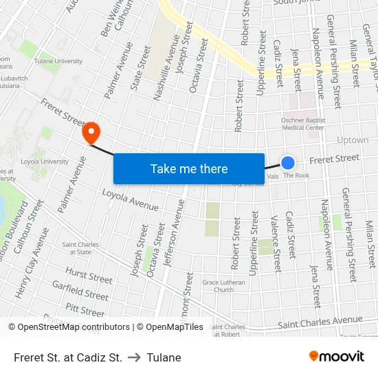 Freret St. at Cadiz St. to Tulane map